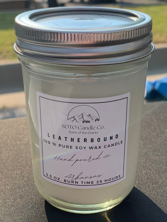 Leatherbound – Mason Jar Candle (5.5 oz) | Cozy, Bold, Bookish | Clean Soy, Pet-Safe, Hand-Poured