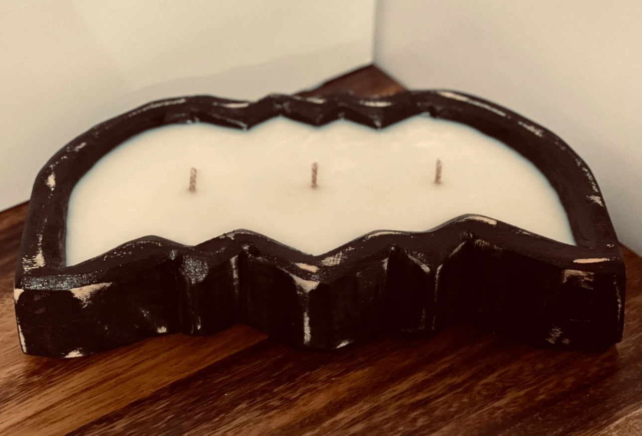 SPOOKY Bat Halloween Wooden Bowl Candle